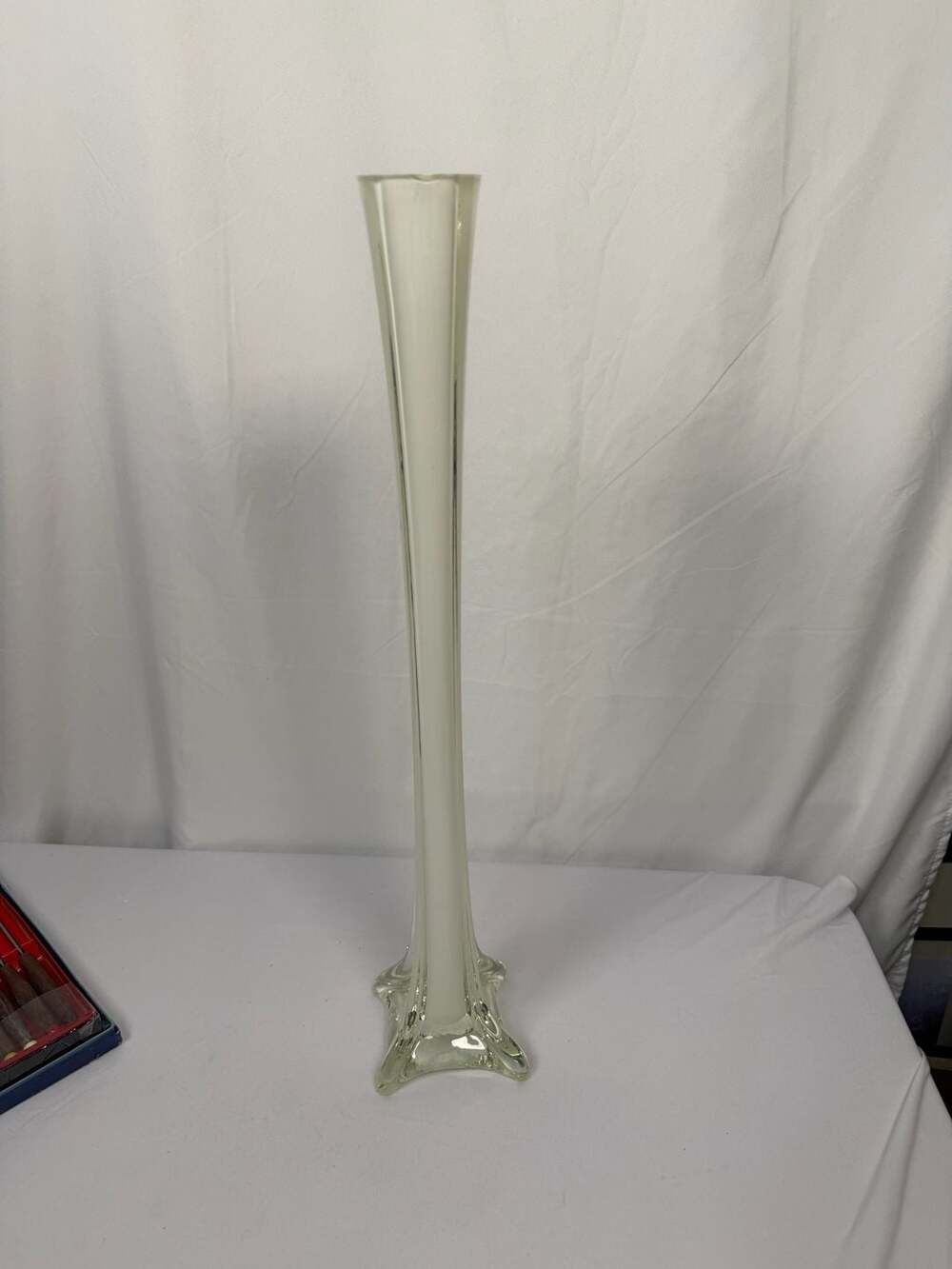 Vintage Eiffel Tower Style Tall Bud Vase, White Encased in Clear Glass - Picture 1 of 6
